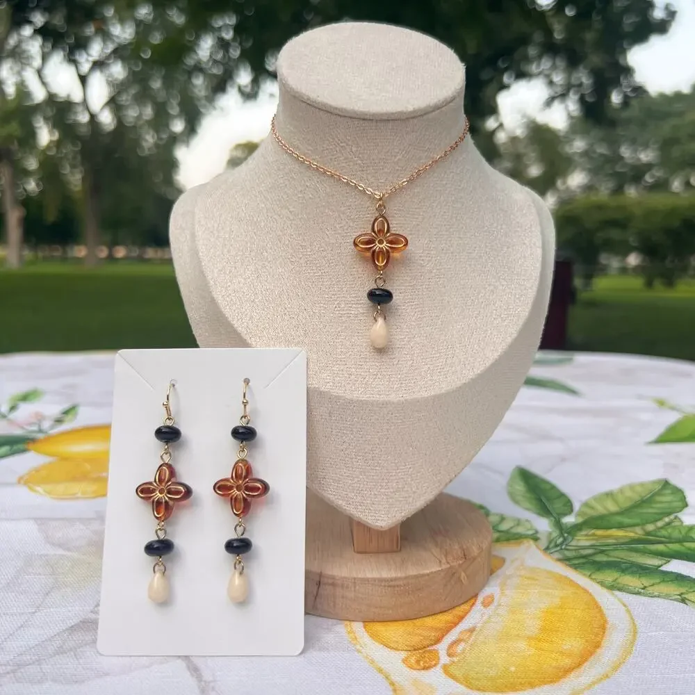 Amber Tone Cross Shape Earthy Boho Bohemian Stone Beige Western Casual Earrings - Picture 7 of 7